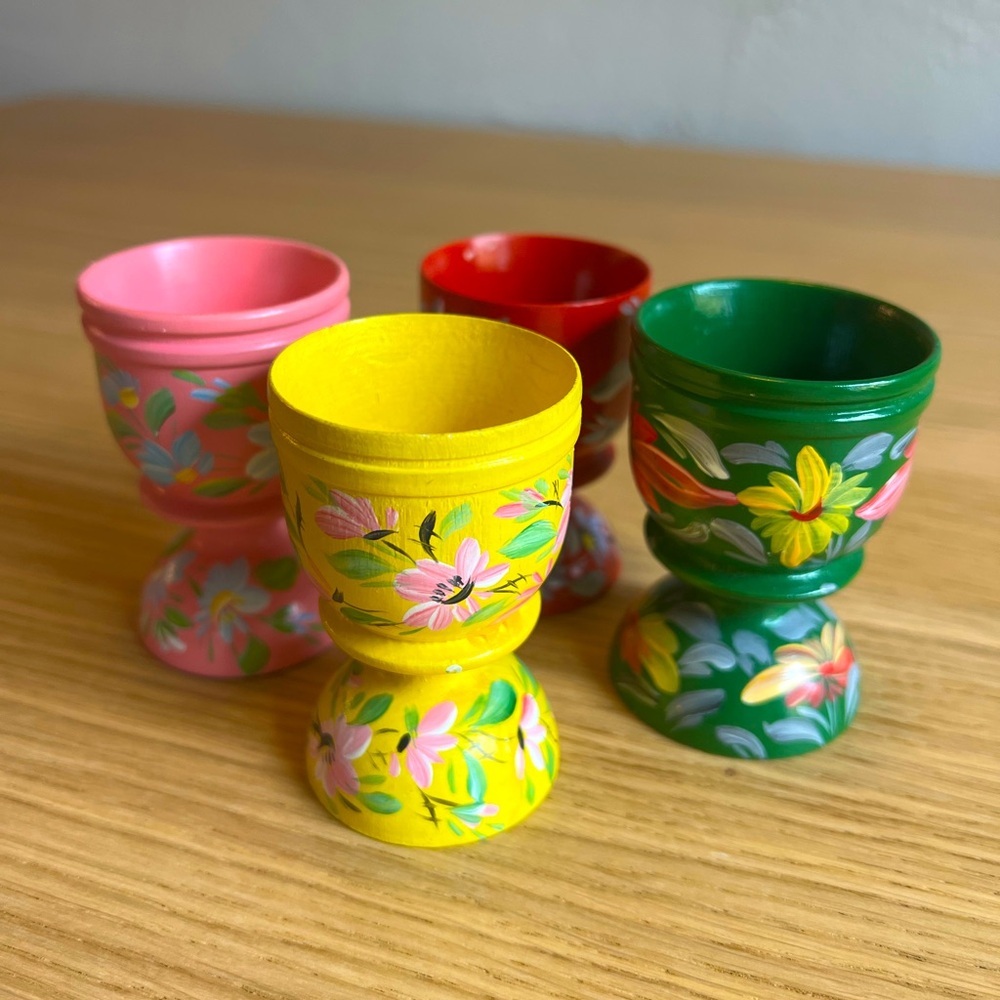 Set of 4 Hand-Painted Wooden Hungarian Farmhouse Egg Cups – Floral Vintage Decor